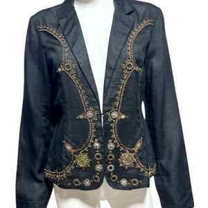Derhy Vintage Linen Embellished Cropped Blazer Black Gold